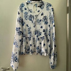 V Neck Choker Floral Long Sleeve Blouse